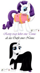 Size: 703x1280 | Tagged: safe, artist:smilodonkahn, derpibooru import, rarity, pony, unicorn, barrel, female, german, grin, image, nun, png, pouting, sad, simple background, smiling, solo, transparent background