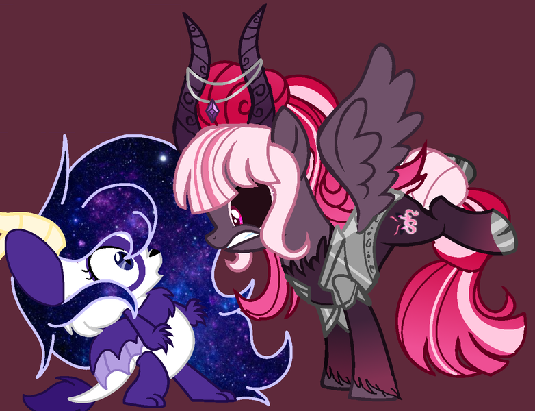 Size: 1476x1132 | Tagged: safe, artist:circuspaparazzi5678, artist:senpai-breanna5678, artist:venomous-cookietwt, derpibooru import, oc, oc:maleficent, oc:nebula, oc:nebula the panda dragon, hybrid, pegasus, pony, armor, base edit collab, base used, dragon wings, ethereal mane, galaxy mane, horn, image, panda dragon, parent:lord tirek, parent:twilight sparkle, png, wings