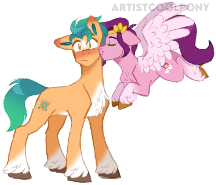 Size: 1024x876 | Tagged: safe, artist:artistcoolpony, derpibooru import, hitch trailblazer, pipp petals, earth pony, pegasus, pony, adorapipp, blushing, cute, eyes closed, female, g5, hitchbetes, hitchpipp, image, kiss on the cheek, kissing, male, mare, markings, png, shipping, simple background, stallion, straight, transparent background, unshorn fetlocks