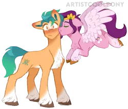 Size: 1163x994 | Tagged: safe, artist:artistcoolpony, derpibooru import, hitch trailblazer, pipp petals, earth pony, pegasus, pony, my little pony: a new generation, spoiler:g5, spoiler:my little pony: a new generation, adorapipp, blushing, chest fluff, cute, eyes closed, female, floppy ears, flying, g5, hitchbetes, hitchpipp, image, kiss on the cheek, kissing, male, mare, markings, png, shipping, simple background, stallion, straight, transparent background, unshorn fetlocks