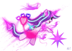 Size: 2742x1940 | Tagged: safe, alternate version, artist:questionmarkdragon, derpibooru import, oc, oc:magia crystaliss, unofficial characters only, pony, unicorn, female, glow, glowing horn, heart, horn, image, levitation, magic, offspring, parent:starlight glimmer, png, self-levitation, simple background, solo, telekinesis, transparent background