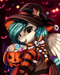 Size: 1280x1611 | Tagged: safe, artist:pridark, derpibooru import, oc, oc:peacher, unofficial characters only, pegasus, bow, candy, clothes, costume, food, green mane, halloween, halloween 2021, halloween costume, hat, holiday, image, jpeg, orange eyes, pegasus oc, pumpkin, pumpkin bucket, socks, striped socks, wings, witch hat