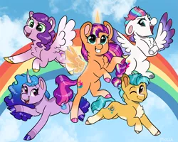 Size: 2557x2048 | Tagged: safe, artist:moccabliss, derpibooru import, hitch trailblazer, izzy moonbow, pipp petals, sunny starscout, zipp storm, alicorn, earth pony, pegasus, pony, unicorn, my little pony: a new generation, spoiler:my little pony: a new generation, artificial wings, augmented, cute, female, g5, horn, image, magic, magic horn, magic wings, male, mare, png, rainbow, stallion, sunnycorn, wings