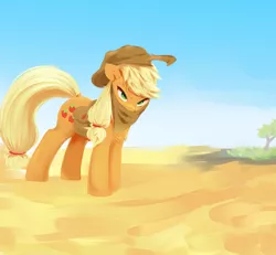 Size: 2000x1847 | Tagged: safe, artist:some_ponu, derpibooru import, applejack, earth pony, pony, applejack's hat, bag, bandana, cowboy hat, desert, female, frown, green eyes, hat, image, mare, png, saddle bag, sand, solo, standing, tree