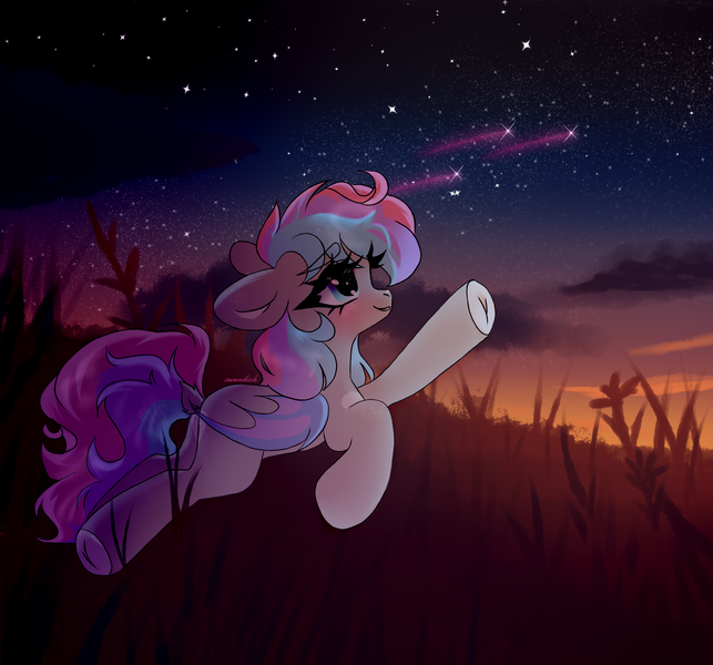 Size: 3000x2800 | Tagged: safe, artist:sunnlich, derpibooru import, oc, oc:dreamyway skies, unofficial characters only, bat pony, pony, bat pony oc, bat wings, female, field, flank, grass, image, looking up, mare, png, scenery, solo, starry night, sunset, tricolor mane, wings