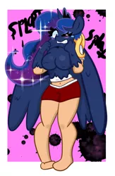 Size: 729x1120 | Tagged: suggestive, artist:tranzmuteproductions, derpibooru import, princess luna, alicorn, anthro, goo, human, art trade, belly button, big breasts, blushing, blush sticker, bondage, breasts, busty princess luna, clothes, crown, cursed, dripping, encasement, ethereal mane, eyebrows, eyebrows visible through hair, featureless breasts, female, gritted teeth, human to anthro, image, ink stain, jewelry, mask, midriff, mid-transformation, one eye closed, onomatopoeia, out of frame, pink background, png, possession, pulling, regalia, shiny, shirt, shorts, shrunken pupils, simple background, slime, solo, solo female, starry mane, sticky, struggling, teary eyes, terrified, transformation