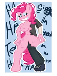 Size: 768x1024 | Tagged: suggestive, artist:tranzmuteproductions, derpibooru import, pinkie pie, anthro, earth pony, goo, human, unguligrade anthro, big breasts, blue background, blush sticker, blushing, bondage, breasts, busty pinkie pie, clothes, commission, cursed, dripping, encasement, featureless breasts, female, forced smile, giggling, grin, hand on hip, human to anthro, image, laughing, male, male to female, mask, mid-transformation, onomatopoeia, outline, pants, png, possession, rule 63, shiny, shirt, shoes, shrunken pupils, simple background, slime, smiling, snorting, solo, sticky, story included, struggling, teary eyes, terrified, transformation, transgender transformation