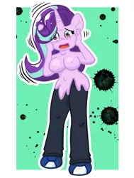 Size: 1200x1584 | Tagged: suggestive, artist:tranzmuteproductions, derpibooru import, starlight glimmer, anthro, goo, human, unicorn, blush sticker, blushing, bondage, breasts, busty starlight glimmer, clothes, commission, cursed, dripping, encasement, eye clipping through hair, featureless breasts, female, green background, hands on head, human to anthro, image, ink stain, male, male to female, mask, mid-transformation, open mouth, outline, pants, png, possession, rule 63, shiny, shoes, simple background, slime, solo, sticky, story included, struggling, teary eyes, terrified, transformation, transgender transformation