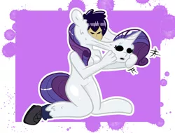 Size: 2088x1584 | Tagged: suggestive, artist:tranzmuteproductions, derpibooru import, rarity, anthro, goo, human, unguligrade anthro, unicorn, belly button, big breasts, bondage, breasts, busty rarity, clothes, commission, cursed, dripping, encasement, eyes closed, featureless crotch, female, human to anthro, image, ink stain, kneeling, male, male to female, mask, mid-transformation, out of frame, outline, pants, png, possession, pulling, purple background, rule 63, shiny, shoes, simple background, slime, solo, sticky, story included, struggling, teary eyes, transformation, transgender transformation
