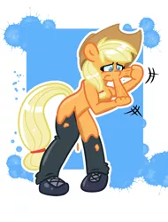 Size: 1584x2088 | Tagged: suggestive, artist:tranzmuteproductions, derpibooru import, applejack, anthro, earth pony, goo, human, big breasts, blue background, bondage, breasts, busty applejack, clothes, commission, cursed, dripping, encasement, featureless breasts, female, frown, human to anthro, image, ink stain, male, male to female, mid-transformation, out of frame, outline, pants, png, possession, pulling, rule 63, shiny, shoes, simple background, slime, solo, sticky, story included, struggling, transformation, transgender transformation, worried