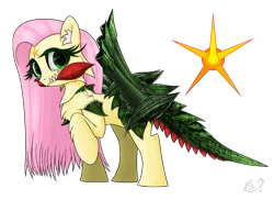 Size: 2015x1464 | Tagged: safe, alternate version, artist:questionmarkdragon, derpibooru import, oc, oc:flutterozoa, unofficial characters only, hybrid, female, image, offspring, parent:fluttershy, png, simple background, solo, transparent background