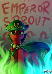 Size: 2894x4093 | Tagged: safe, artist:julunis14, derpibooru import, sprout cloverleaf, earth pony, pony, my little pony: a new generation, spoiler:g5, spoiler:my little pony: a new generation, emperor, fire, g5, graffiti, image, looking at you, magic, png, solo