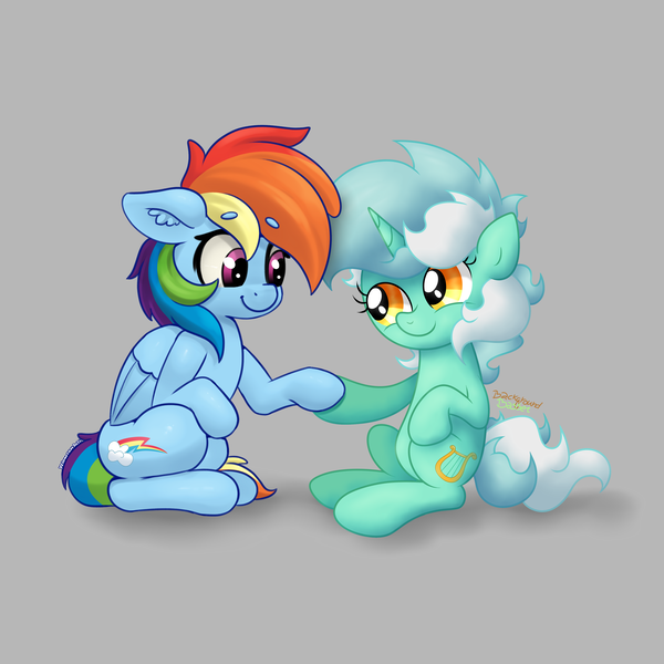 Size: 4000x4000 | Tagged: safe, artist:background basset, artist:yelowcrom, derpibooru import, lyra heartstrings, rainbow dash, pegasus, pony, unicorn, absurd resolution, cute, ear fluff, eyebrows, eyebrows visible through hair, female, floppy ears, folded wings, gray background, holding hooves, horn, image, lesbian, lyradash, mare, multicolored hair, png, rainbow hair, shadow, shipping, simple background, sitting, tail, two toned mane, two toned tail, watermark, wings, yellow eyes