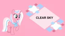 Size: 4400x2475 | Tagged: safe, artist:luckreza8, derpibooru import, editor:quoterific, clear sky, pony, unicorn, blue eyes, board, female, high res, horn, image, mare, open mouth, open smile, pink background, png, raised hoof, raised leg, simple background, smiling, solo, standing on two hooves, text, wallpaper