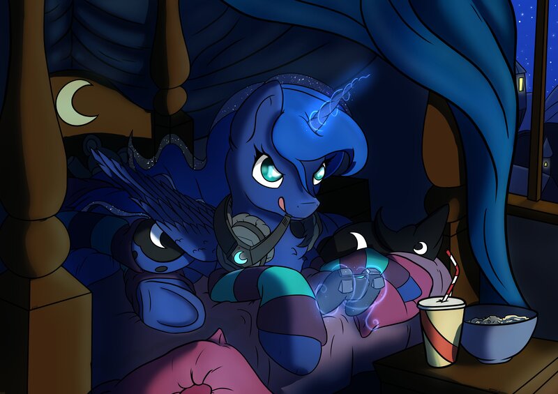 Size: 4096x2892 | Tagged: safe, artist:db, artist:dbcreativearts, derpibooru import, princess luna, alicorn, gamer luna, bed, controller, gaming, glow, glowing horn, headphones, headset, horn, image, jpeg, levitation, magic, night, solo, telekinesis, tongue out