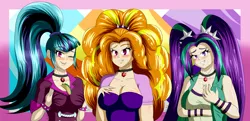 Size: 7940x3831 | Tagged: suggestive, artist:thedracks, derpibooru import, part of a set, adagio dazzle, aria blaze, sonata dusk, equestria girls, between breasts, blushing, breast squish, breasts, busty adagio dazzle, busty aria blaze, busty dazzlings, busty sonata dusk, cleavage, female, food, grin, grope, human coloration, image, jpeg, lip bite, looking at you, one eye closed, self grope, smiling, sonataco, taco, the dazzlings, wink