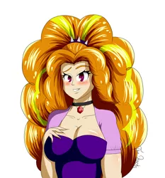 Size: 5530x5926 | Tagged: safe, artist:thedracks, derpibooru import, part of a set, adagio dazzle, equestria girls, big breasts, blushing, breasts, busty adagio dazzle, cleavage, clothes, female, grin, hand on breasts, human coloration, image, jpeg, looking at you, simple background, smiling, solo, white background
