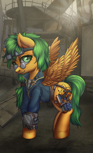 Size: 1191x1950 | Tagged: safe, artist:leastways, derpibooru import, oc, oc:atom smasher, pegasus, pony, fallout equestria, commission, complex background, glasses, gun, handgun, image, jpeg, nerf gun, pipbuck, pistol, solo, weapon