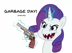 Size: 1893x1394 | Tagged: safe, artist:velgarn, derpibooru import, rarity, pony, unicorn, my little pony: a new generation, evil, evil laugh, evil rarity, female, g5, garbage day, gun, handgun, image, jpeg, laughing, levitation, magic, magic aura, mare, possessed, revolver, sharp teeth, silent night deadly night, simple background, solo, teeth, telekinesis, this will not end well, weapon, white background