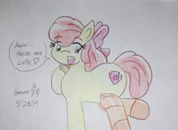 Size: 2104x1535 | Tagged: safe, artist:gamerblitz77, derpibooru import, apple bloom, earth pony, pony, clothes, female, image, jpeg, mare, older, socks, speech bubble