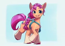 Size: 1020x724 | Tagged: safe, artist:unousaya, derpibooru import, sunny starscout, earth pony, pony, bag, cute, female, g5, image, jpeg, mare, open mouth, saddle bag, solo, sunnybetes