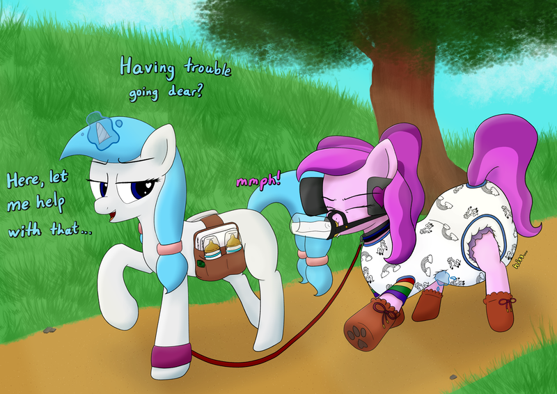 Size: 3508x2480 | Tagged: questionable, alternate version, artist:violet ray, derpibooru import, oc, oc:sweet dreams, oc:violet ray, unofficial characters only, earth pony, pony, unicorn, baby bottle, bag, blinders, booties, bridle, collar, cuff, derpibooru exclusive, dialogue, diaper, diaper bag, diaper fetish, diaper slave, domination, drinking, eyebrows, eyes closed, female, femdom, femsub, fetish, force feeding, gag, glow, glowing horn, grass, hair tie, heart eyes, horn, image, leash, magic, mane, milk, milk bottle, muffled moaning, onesie, onomatopoeia, open mouth, open smile, outdoors, park, paw socks, peeing in diaper, pet play, pissing, plastic bag, png, poofy diaper, rock, saddle bag, smiling, submissive, tack, tail, tree, urine, wetting, wingding eyes, worried