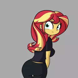 Size: 3200x3200 | Tagged: suggestive, artist:tjpones, derpibooru import, edit, sunset shimmer, equestria girls, ass, breasts, bunset shimmer, butt, butt shot, clothes, female, gray background, image, leggings, looking at you, looking back, looking back at you, png, simple background, solo