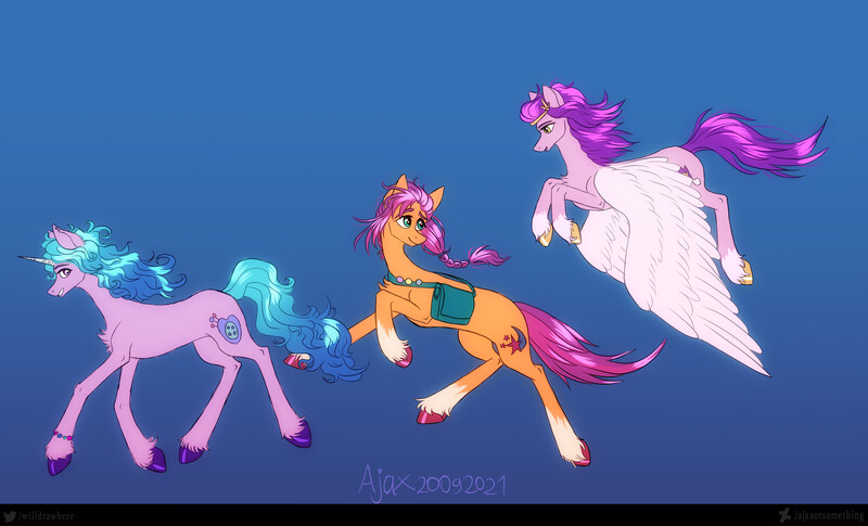 Size: 4000x2423 | Tagged: safe, artist:ajax, artist:ajaxorsomething, artist:willdrawhere, derpibooru import, izzy moonbow, pipp petals, sunny starscout, earth pony, pegasus, pony, unicorn, my little pony: a new generation, spoiler:g5, spoiler:my little pony: a new generation, flying, g5, image, jpeg, jumping, running