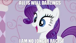 Size: 1280x721 | Tagged: safe, derpibooru import, screencap, rarity, all is well, g4, happy, happy ending, image, jpeg, racism, racisty, shitposting, smiling, solo