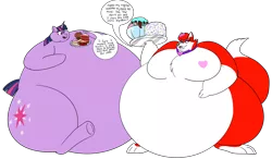 Size: 2844x1664 | Tagged: safe, artist:pix-a-roo, derpibooru import, twilight sparkle, oc, oc:red velvet, anthro, fox, pony, unicorn, belly, big belly, big breasts, bingo wings, blushing, breasts, cake, chubby cheeks, dessert, dialogue, fat, food, furry, furry oc, huge belly, huge breasts, ice cream, image, impossibly large belly, milkshake, obese, pie, png, red, speech bubble, stuffing, twilard sparkle, underhoof