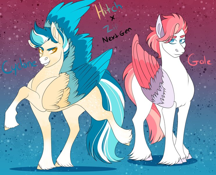Size: 2510x2026 | Tagged: safe, artist:inisealga, derpibooru import, oc, oc:cyclone, oc:gale, unofficial characters only, pegasus, pony, my little pony: a new generation, spoiler:g5, spoiler:my little pony: a new generation, abstract background, coat markings, facial markings, female, folded wings, g5, gradient background, image, jpeg, male, mare, markings, next generation, offspring, parent:hitch trailblazer, parent:zipp storm, parents:hitchzipp, pegasus oc, shipping, siblings, socks (coat marking), spread wings, stallion, text, twins, wings