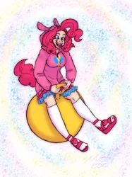 Size: 1024x1366 | Tagged: safe, artist:mizzgenk, derpibooru import, pinkie pie, human, ball, bouncy ball, clothes, exercise ball, hoodie, humanized, image, jpeg, open mouth, open smile, sandals, smiling, socks, solo, space hopper, yoga ball