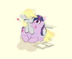 Size: 2322x1881 | Tagged: safe, artist:adamscage, derpibooru import, derpy hooves, twilight sparkle, pegasus, pony, unicorn, book, cuddling, eyes closed, female, females only, floating heart, heart, image, kissing, lesbian, lying down, one eye closed, open mouth, open smile, png, prone, shipping, smiling, twerpy