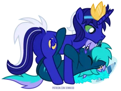 Size: 1100x822 | Tagged: suggestive, artist:jennieoo, derpibooru import, oc, oc:frightmare, oc:night hunter, pony, saddle arabian, unicorn, couple, crown, gay, horn, hornjob, image, jewelry, licking, lovers, male, on top, piercing, png, regalia, simple background, sucking, tongue out, transparent background, vector