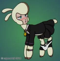 Size: 839x851 | Tagged: suggestive, artist:cqmorrell, derpibooru import, sheep, them's fightin' herds, bell, bell collar, blazer, blushing, bracelet, clothes, cloven hooves, collar, community related, embarrassed, female, gradient background, image, implied transformation, jewelry, jpeg, lamb, open mouth, panties, panties around legs, pom (tfh), school uniform, skirt, socks, solo, solo female, story included, teary eyes, traditional art, transformed, underwear