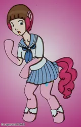 Size: 694x1084 | Tagged: safe, artist:cqmorrell, derpibooru import, pinkie pie, earth pony, human, pony, blue eyes, character to character, clothes, ears, eye color change, female, gradient background, hooves, human to pony, image, jpeg, kill la kill, mako mankanshoku, mid-transformation, open mouth, pink background, ripping clothes, sailor uniform, simple background, socks, solo, surprised, tail, traditional art, transformation, uniform