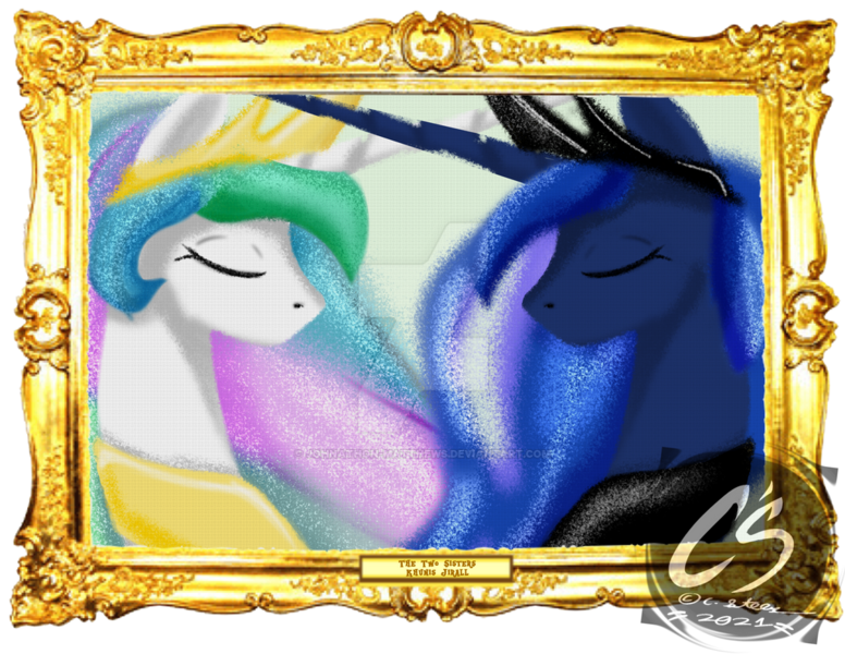 Size: 1024x792 | Tagged: safe, alternate version, artist:adhiguna, artist:johnathon-matthews, derpibooru import, princess celestia, princess luna, alicorn, alternate, deviantart watermark, digital painting, frame, image, obtrusive watermark, painting, picture frame, png, simple background, transparent background, watermark