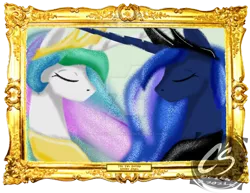 Size: 1024x792 | Tagged: safe, alternate version, artist:adhiguna, artist:johnathon-matthews, derpibooru import, princess celestia, princess luna, alicorn, alternate, deviantart watermark, digital painting, frame, image, obtrusive watermark, painting, picture frame, png, simple background, transparent background, watermark