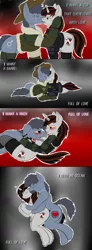 Size: 1945x5305 | Tagged: suggestive, artist:rorrek, derpibooru import, oc, oc:blackjack, oc:p-21, cyborg, earth pony, unicorn, fallout equestria, fallout equestria: project horizons, bomber jacket, clothes, comic, cowboy hat, crying, cuddling, fanfic art, hat, image, jacket, kissing, pjack, png, prosthetics, shipping, song reference, spooning, text