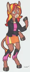 Size: 534x1266 | Tagged: safe, artist:cqmorrell, derpibooru import, sunset shimmer, donkey, equestria girls, boots, clothes, female, image, jacket, jpeg, leather jacket, mid-transformation, open mouth, shirt, shoes, signature, simple background, skirt, solo, surprised, torn clothes, traditional art, transformation, white background