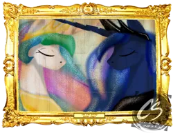 Size: 1024x792 | Tagged: safe, artist:adhiguna, artist:johnathon-matthews, derpibooru import, princess celestia, princess luna, alicorn, alternate, deviantart watermark, digital painting, frame, image, obtrusive watermark, painting, png, simple background, transparent background, watermark