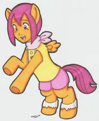 Size: 672x827 | Tagged: safe, artist:cqmorrell, derpibooru import, scootaloo, human, pegasus, pony, character to character, clothes, digimon, female, happy, human to pony, image, jpeg, kari kamiya, mid-transformation, open mouth, open smile, scarf, shirt, shorts, signature, simple background, smiling, socks, solo, traditional art, transformation, underhoof, white background