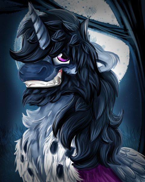 Size: 2000x2500 | Tagged: safe, artist:euspuche, derpibooru import, oc, oc:spitzer, unofficial characters only, alicorn, bust, fluffy, image, king, looking at you, male, moon, night, png, portrait, smiling