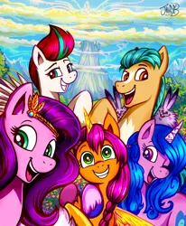 Size: 748x909 | Tagged: safe, artist:jowybean, derpibooru import, hitch trailblazer, izzy moonbow, pipp petals, sunny starscout, zipp storm, alicorn, earth pony, pegasus, pony, unicorn, my little pony: a new generation, spoiler:g5, spoiler:my little pony: a new generation, artificial wings, augmented, g5, image, magic, magic horn, magic wings, mane five (g5), one eye closed, open mouth, png, sunnycorn, wings