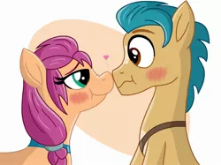 Size: 2732x2048 | Tagged: safe, artist:justsomepainter11, derpibooru import, hitch trailblazer, sunny starscout, earth pony, pony, my little pony: a new generation, spoiler:my little pony: a new generation, bedroom eyes, blushing, boop, female, g5, heart, image, jpeg, male, mare, markings, noseboop, shipping, stallion, straight, sunnyhitch