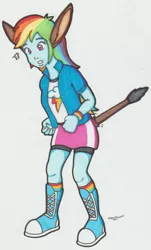 Size: 806x1333 | Tagged: safe, artist:cqmorrell, derpibooru import, rainbow dash, donkey, equestria girls, boots, clothes, compression shorts, donkey ears, emanata, female, gritted teeth, image, jacket, jpeg, rainbow socks, ripping clothes, shirt, shoes, signature, simple background, skirt, socks, solo, startled, striped socks, tail, traditional art, transformation, white background, wristband