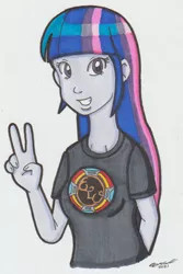 Size: 587x879 | Tagged: safe, artist:cqmorrell, derpibooru import, twilight sparkle, equestria girls, arm behind back, band shirt, clothes, electric light orchestra, grin, image, jpeg, looking at you, peace sign, shirt, signature, simple background, smiling, solo, song reference, traditional art, twilight (song), white background