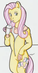 Size: 563x1084 | Tagged: safe, artist:cqmorrell, derpibooru import, fluttershy, anthro, human, pegasus, pony, actress, break, clothes, costume, drink, drinking, drinking straw, female, image, jpeg, mask, open clothes, ponysuit, signature, solo, tanktop, traditional art, zipper