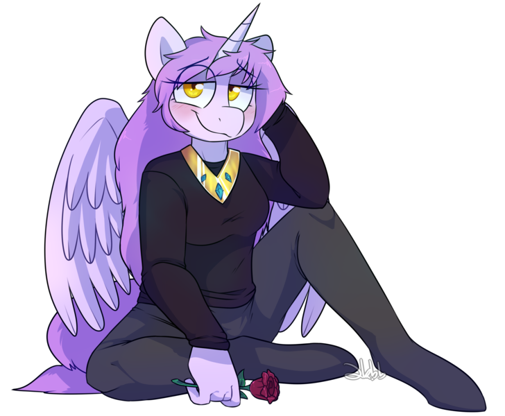 Size: 2622x2160 | Tagged: safe, artist:2k.bugbytes, ponybooru import, oc, unofficial characters only, alicorn, anthro, unguligrade anthro, alicorn oc, female, flower, horn, image, lidded eyes, looking at you, png, rose, simple background, sitting, smiling, solo, transparent background, wings