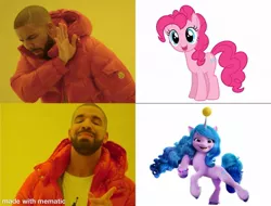 Size: 1200x911 | Tagged: safe, derpibooru import, izzy moonbow, pinkie pie, earth pony, pony, unicorn, my little pony: a new generation, spoiler:g5, spoiler:my little pony: a new generation, ball, g5, horn, hornball, hotline bling, image, izzy's tennis ball, jpeg, mematic, meme, tennis ball, unpopular opinion